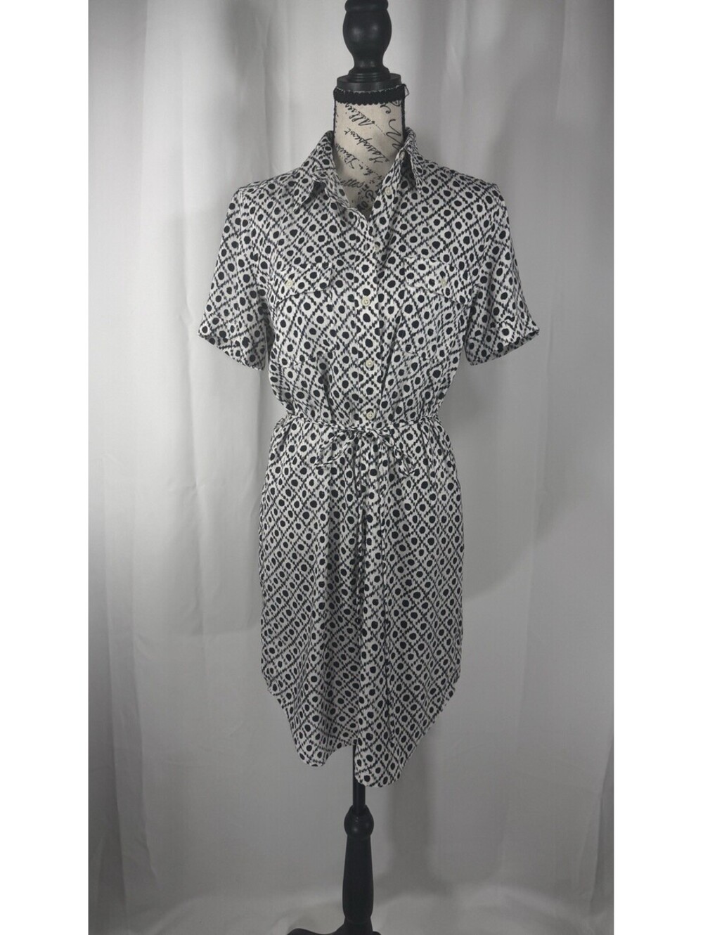 Loft Womens Small Black White Ikat Print Shirtdress Belted Utility Pockets